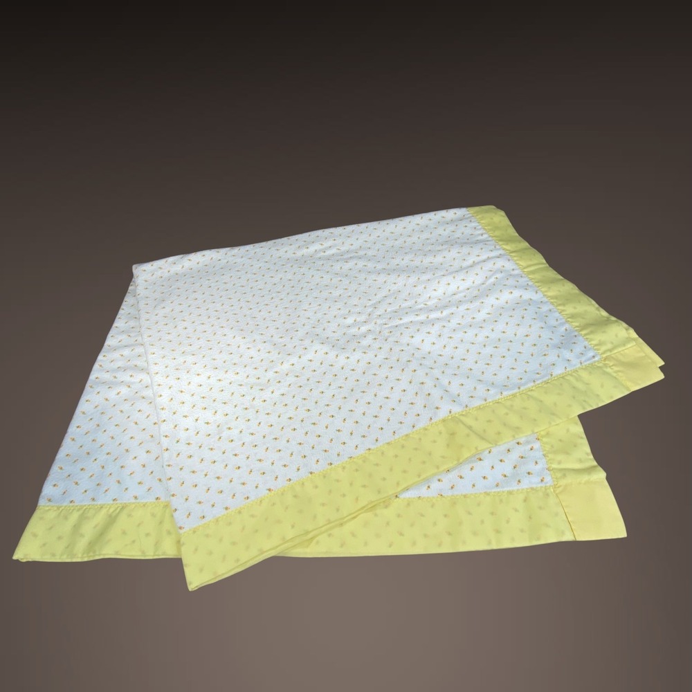 Baby Blanket Yellow Rosebud Satin Trim Nursery Cottagecore 44x34 Satin Trim